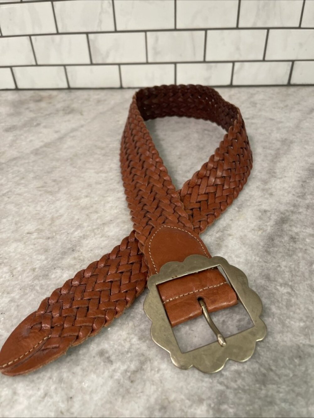Brown Woven Belt Womens Small Boho Genuine Leather Wide Buckle Southwestern